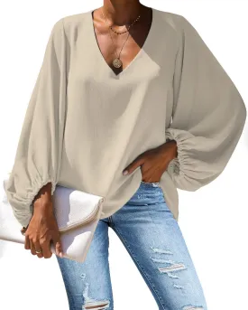Amzbeauty Women's Sweet & Cute Shirt Balloon Sleeve V-Neck Solid Color & Polka Dots Blouse Top