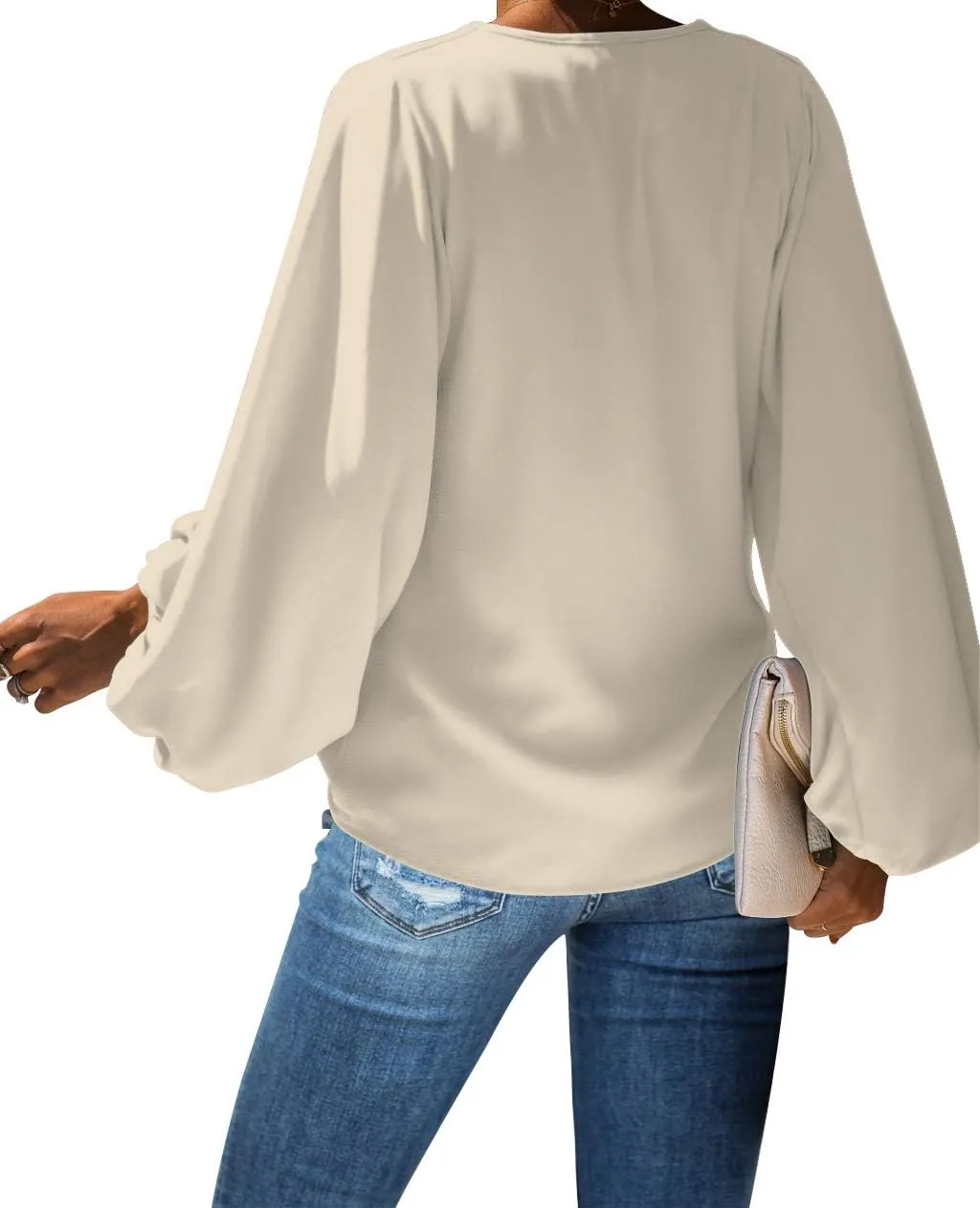 Amzbeauty Women's Sweet & Cute Shirt Balloon Sleeve V-Neck Solid Color & Polka Dots Blouse Top
