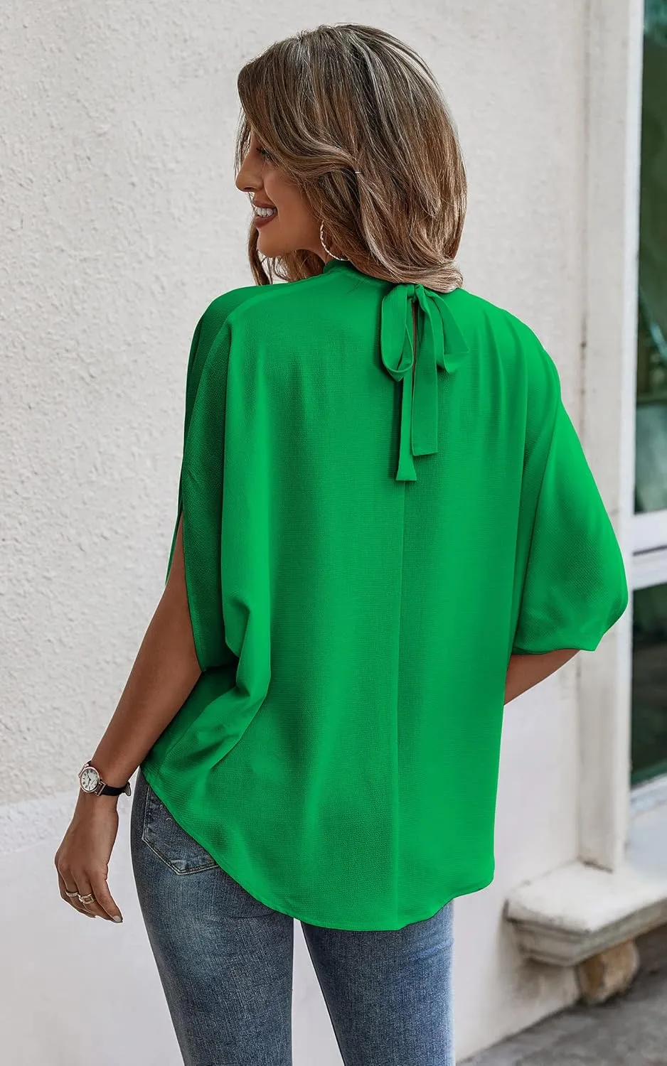 Angashion Womens Tops, Short Sleeve Casual Summer Top Solid Color Self Tie Loose Fit Drape Tunic Blouses Shirts
