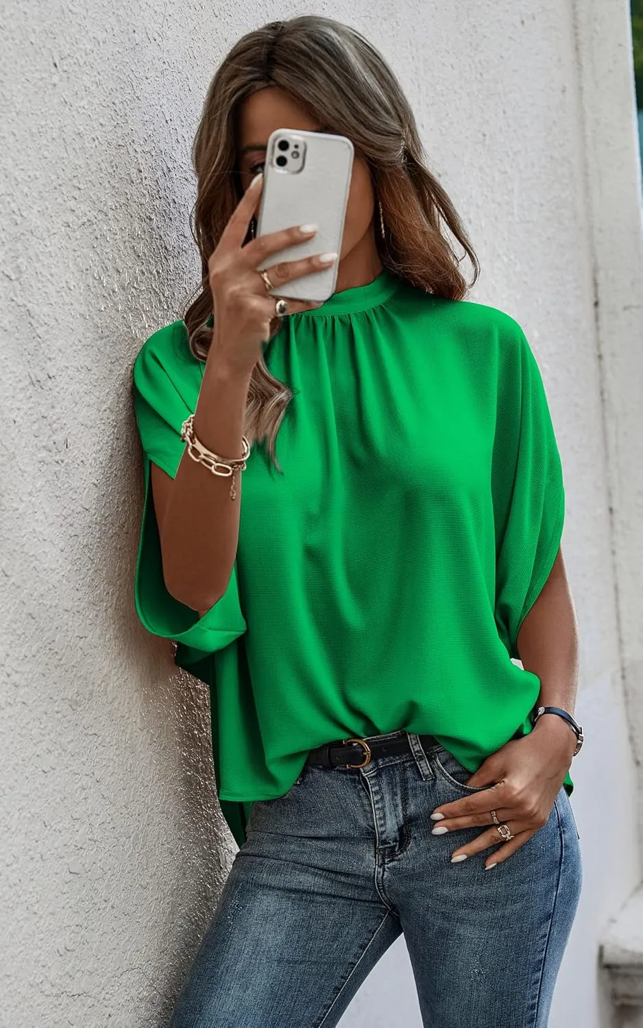 Angashion Womens Tops, Short Sleeve Casual Summer Top Solid Color Self Tie Loose Fit Drape Tunic Blouses Shirts