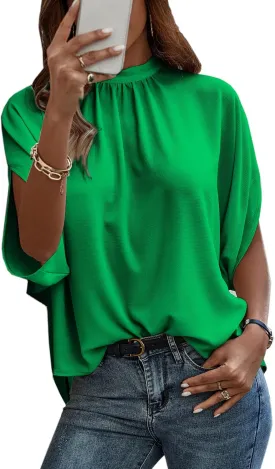 Angashion Womens Tops, Short Sleeve Casual Summer Top Solid Color Self Tie Loose Fit Drape Tunic Blouses Shirts