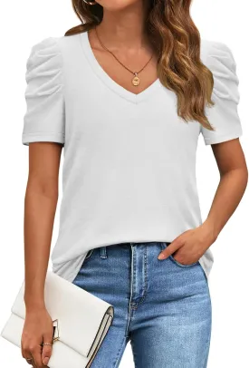 ATHMILE Womens Summer Shirt V Neck Casual Tshirts Puff Sleeve Tops for Women Trendy 2025 Tunic Solid Color