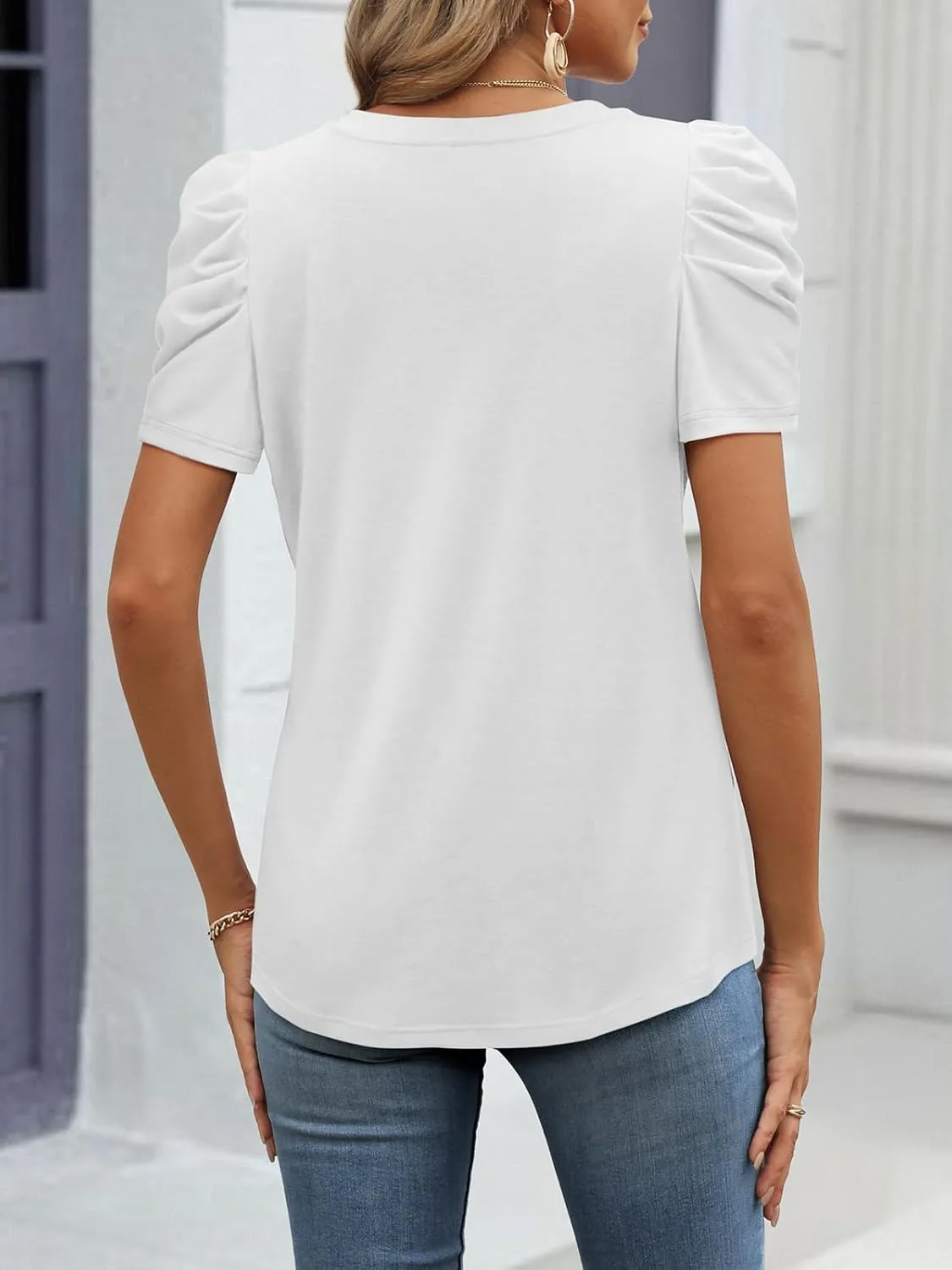 ATHMILE Womens Summer Shirt V Neck Casual Tshirts Puff Sleeve Tops for Women Trendy 2025 Tunic Solid Color