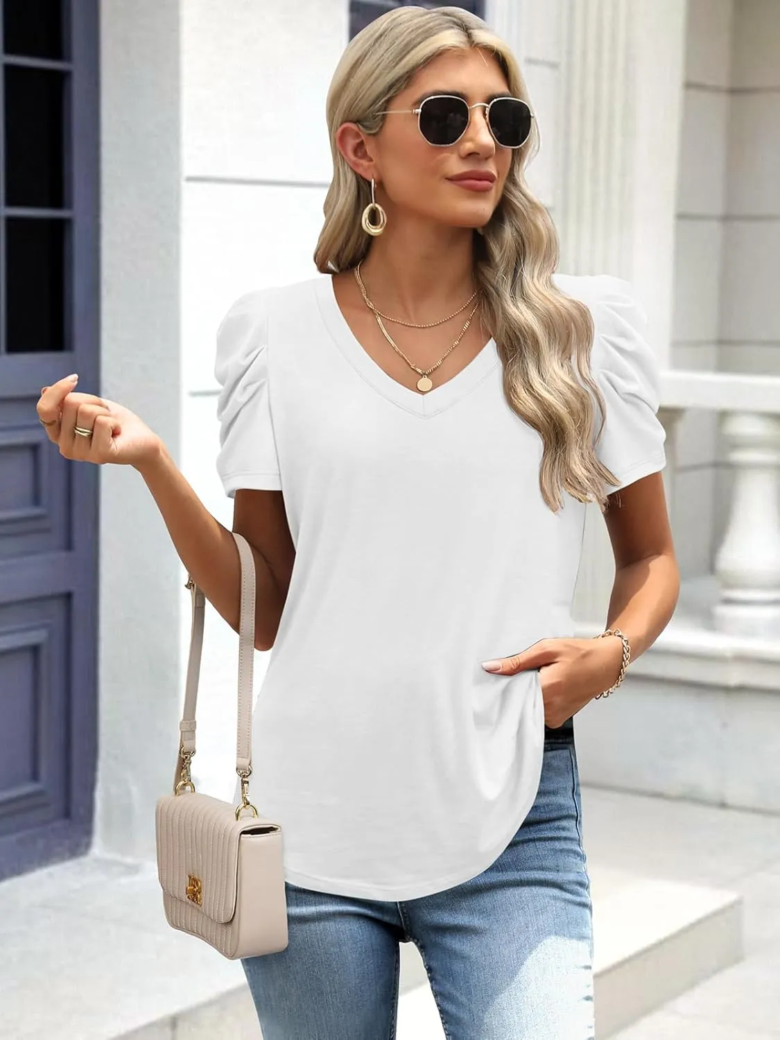 ATHMILE Womens Summer Shirt V Neck Casual Tshirts Puff Sleeve Tops for Women Trendy 2025 Tunic Solid Color