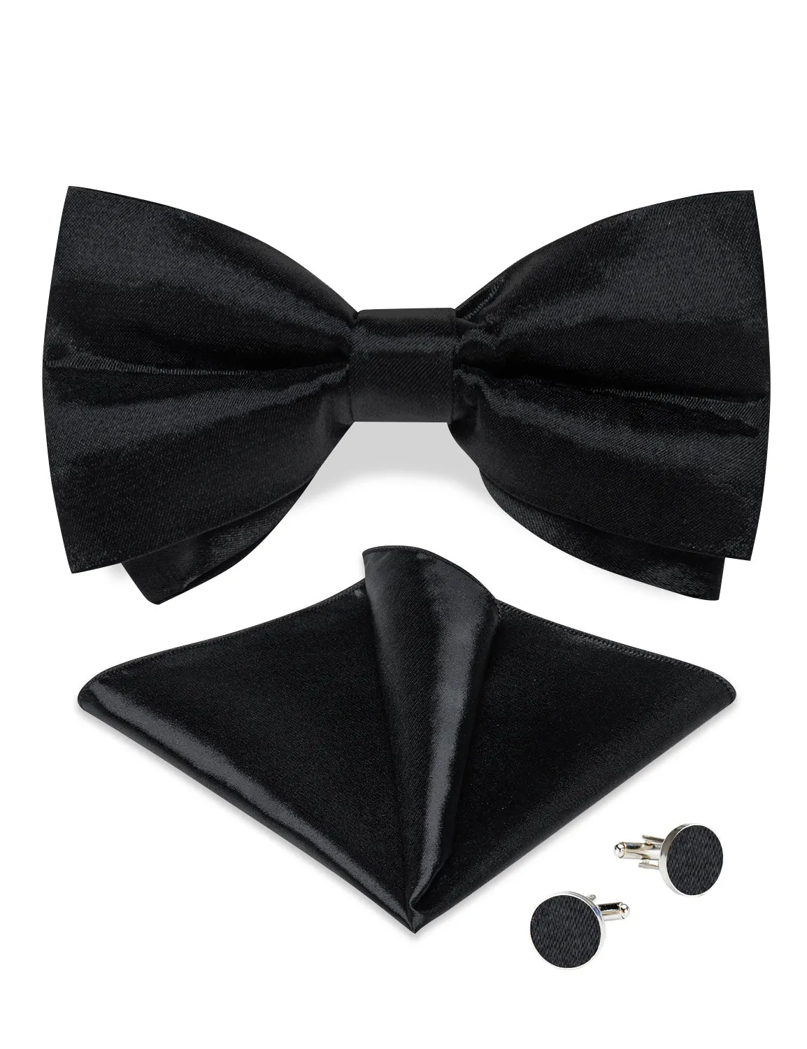 Black Solid Silk Men's Pre-Bowtie Pocket Square Cufflinks Set