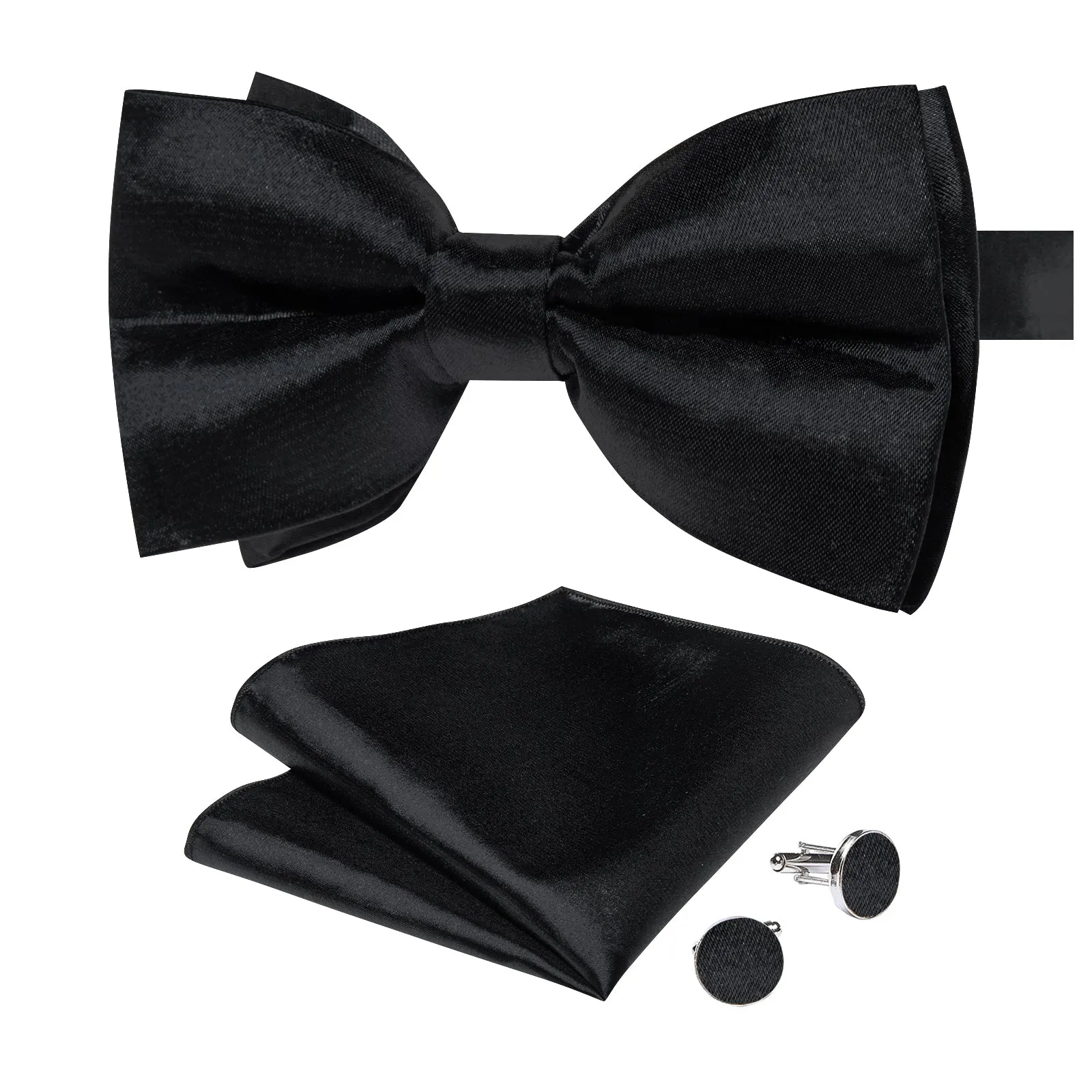 Black Solid Silk Men's Pre-Bowtie Pocket Square Cufflinks Set