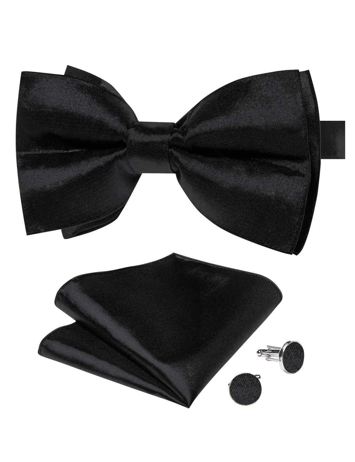 Black Solid Silk Men's Pre-Bowtie Pocket Square Cufflinks Set