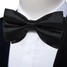 Black Solid Silk Men's Pre-Bowtie Pocket Square Cufflinks Set