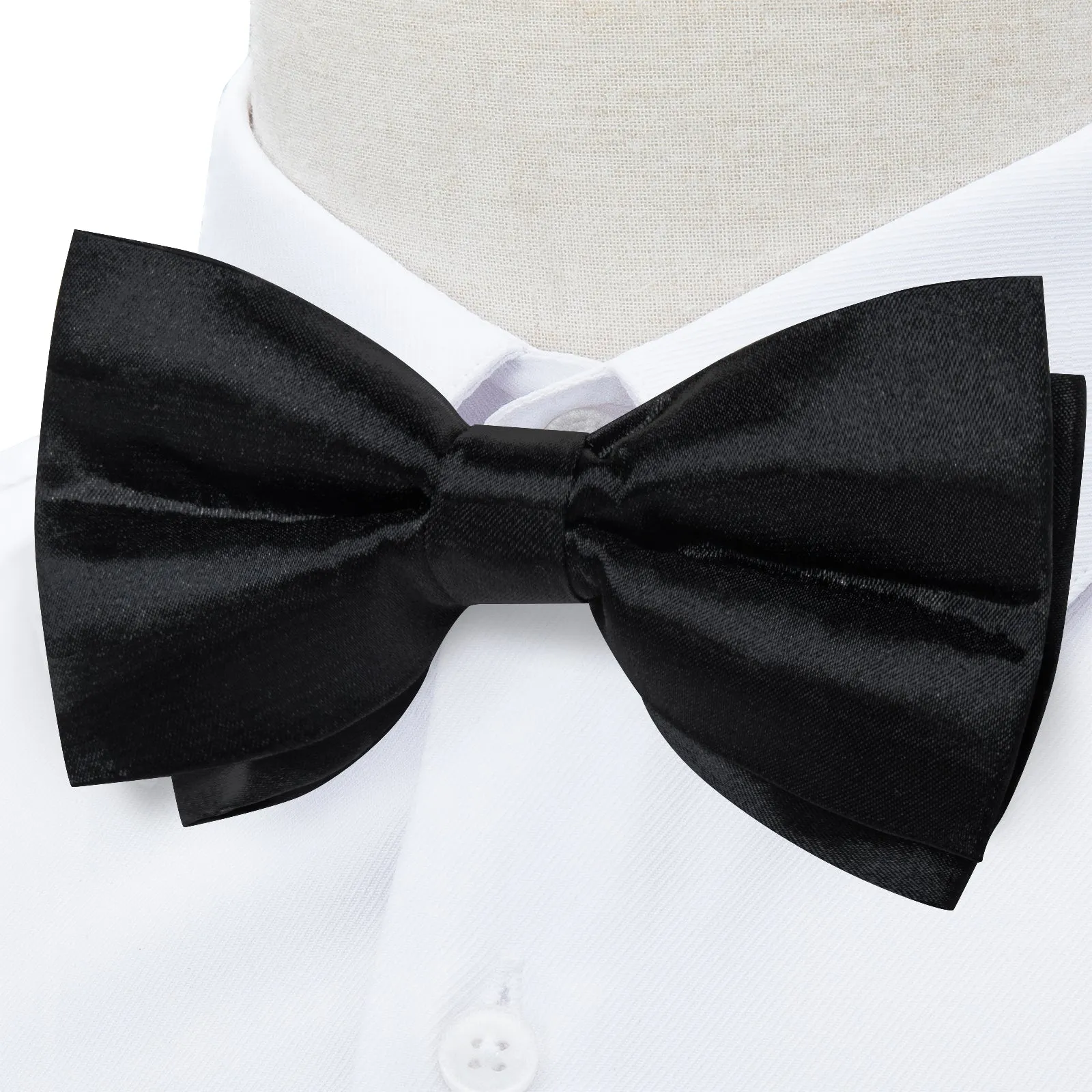 Black Solid Silk Men's Pre-Bowtie Pocket Square Cufflinks Set