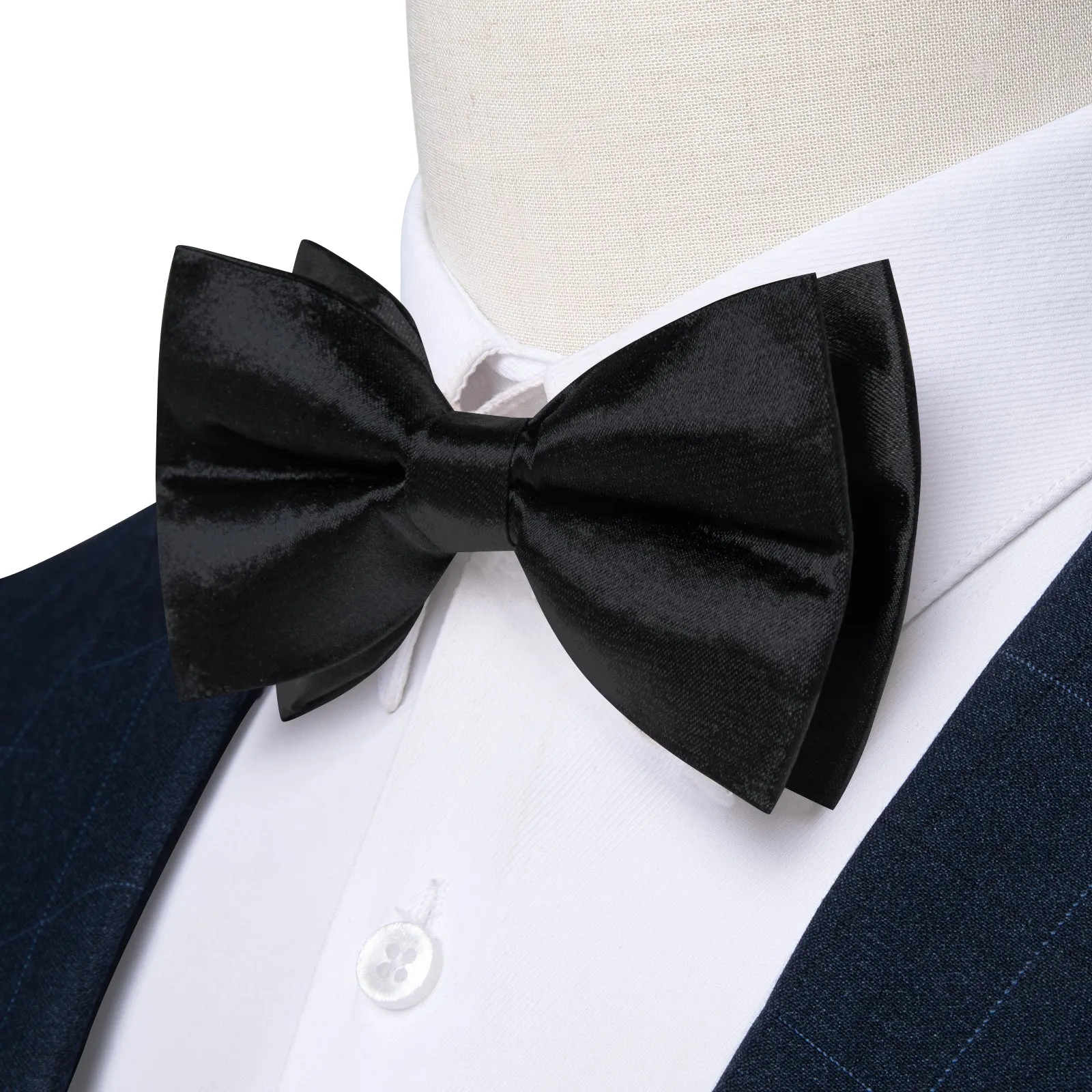 Black Solid Silk Men's Pre-Bowtie Pocket Square Cufflinks Set
