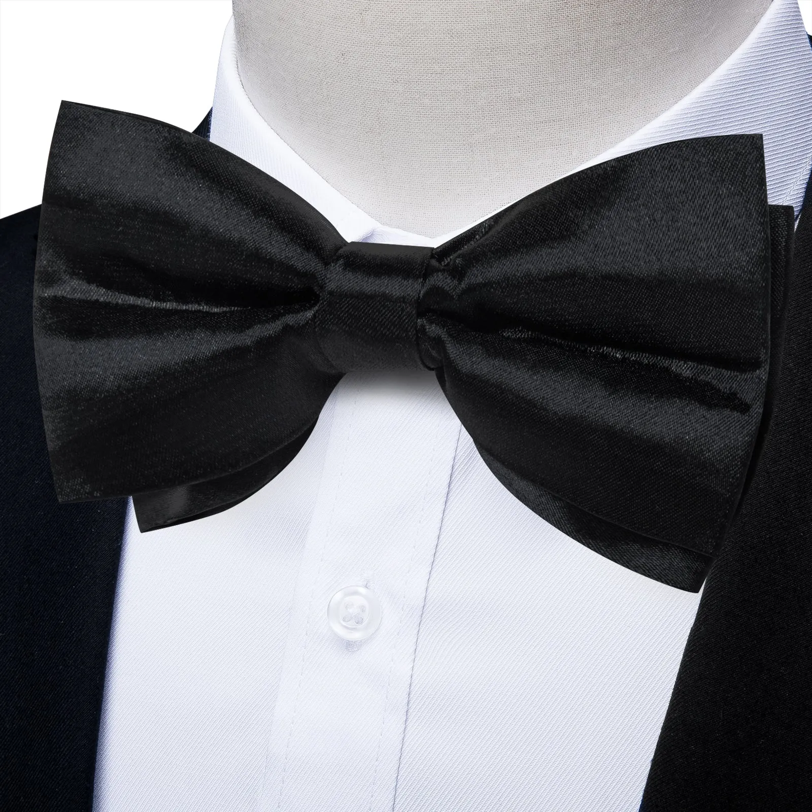 Black Solid Silk Men's Pre-Bowtie Pocket Square Cufflinks Set