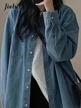 Blue Polo Denim Women Shirt Solid Color Chic Streetwear Single Breasted French Style Straight Loose Pockets Female Shirts