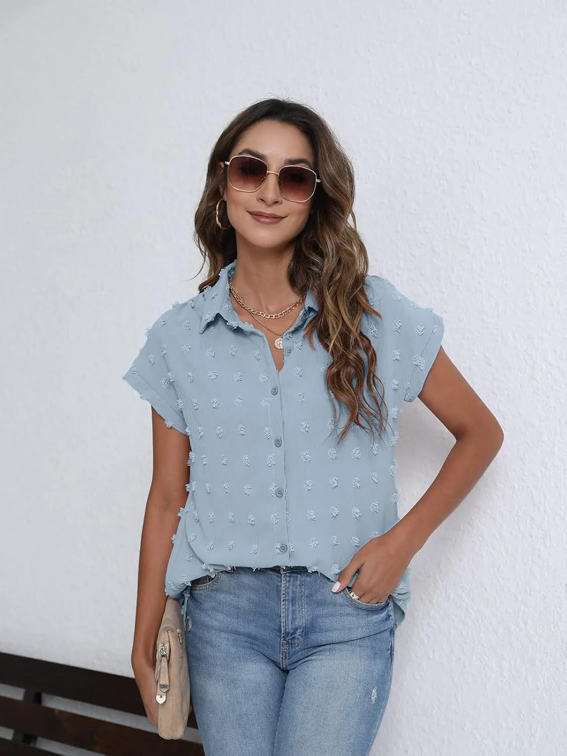 BOTHENIAL Women White Button Down Shirt Dressy Casual Work Tops Chiffon Blouse Summer Short Sleeve Shirts
