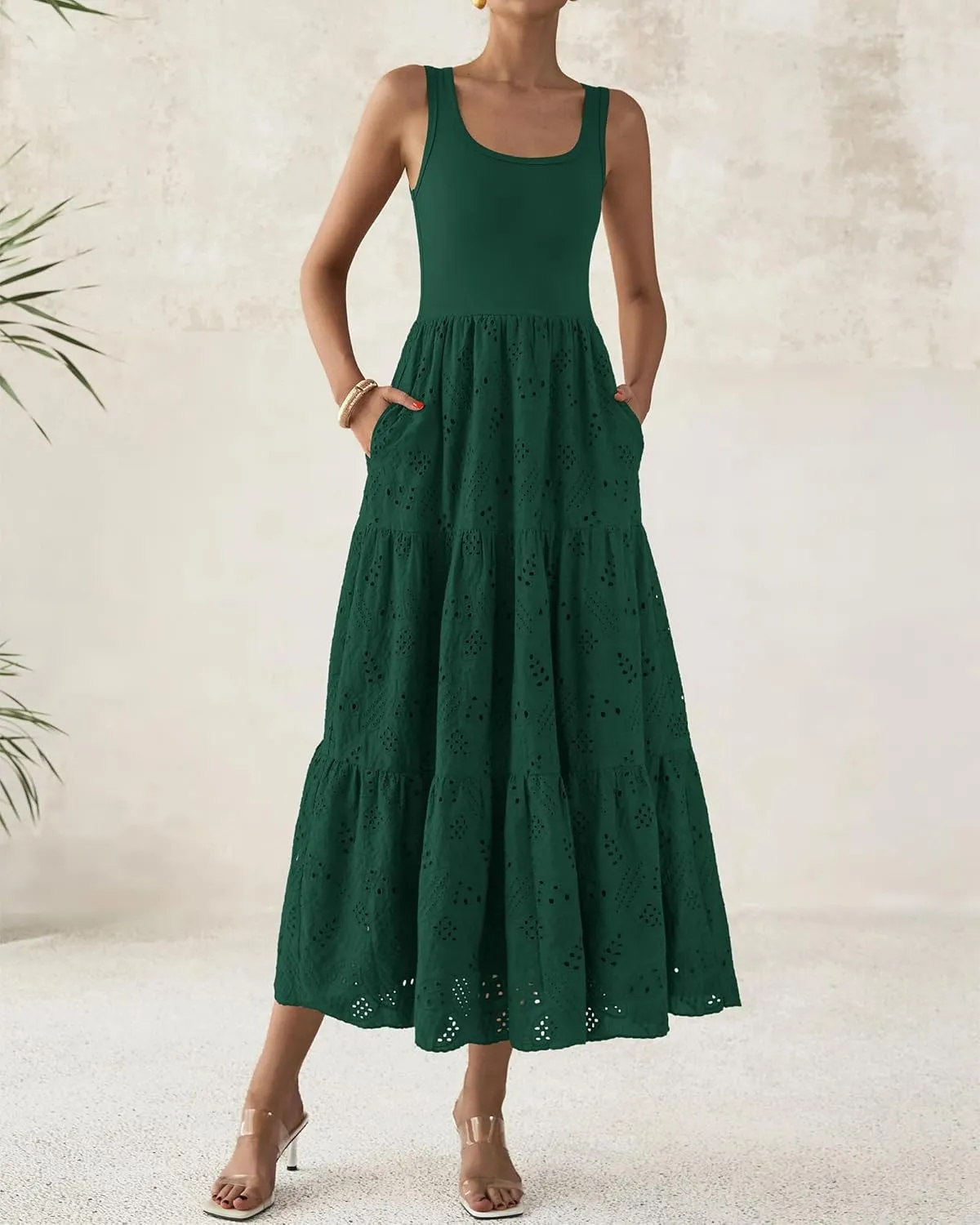 BTFBM Women Summer Eyelet Midi Dresses Casual Spring 2025 Sleeveless A Line Flowy Vacation Beach Wedding Guest Sun Dress
