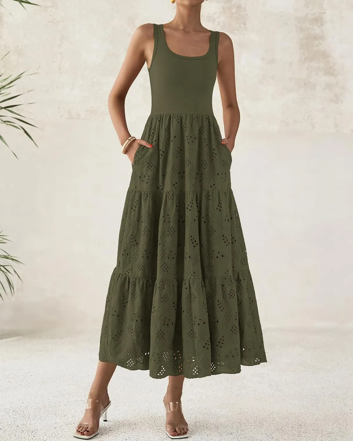 BTFBM Women Summer Eyelet Midi Dresses Casual Spring 2025 Sleeveless A Line Flowy Vacation Beach Wedding Guest Sun Dress