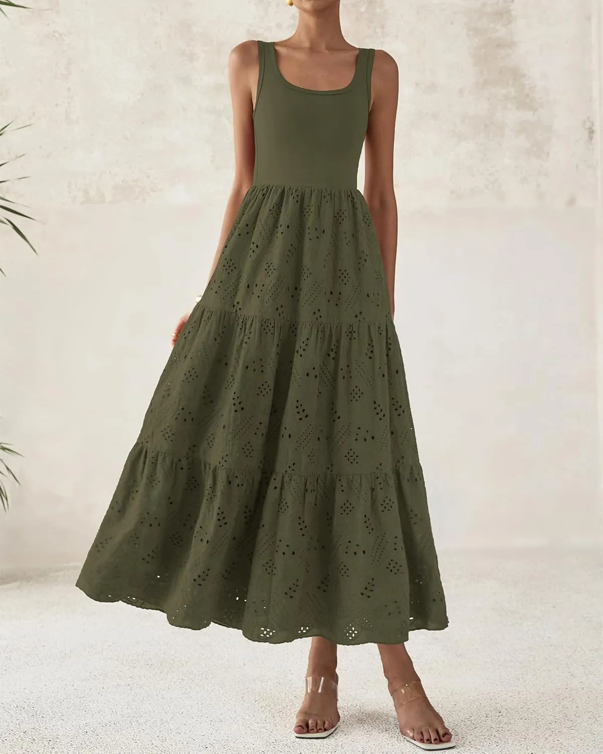 BTFBM Women Summer Eyelet Midi Dresses Casual Spring 2025 Sleeveless A Line Flowy Vacation Beach Wedding Guest Sun Dress