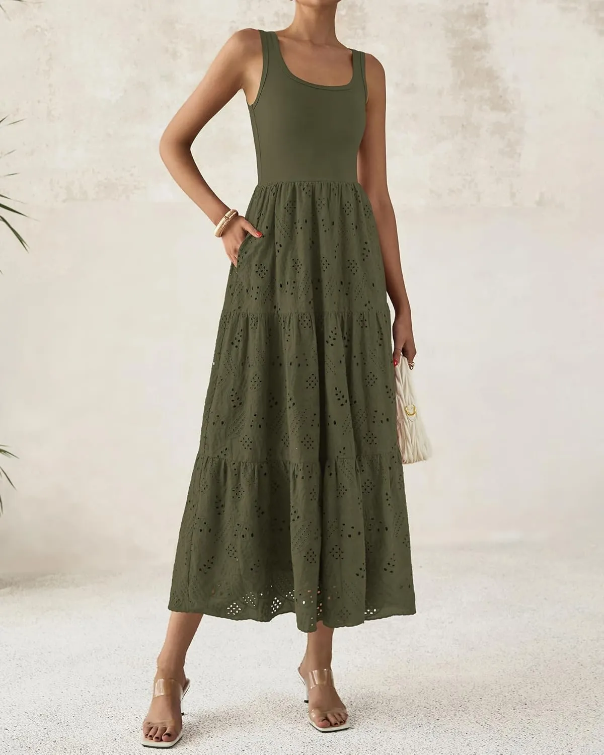 BTFBM Women Summer Eyelet Midi Dresses Casual Spring 2025 Sleeveless A Line Flowy Vacation Beach Wedding Guest Sun Dress