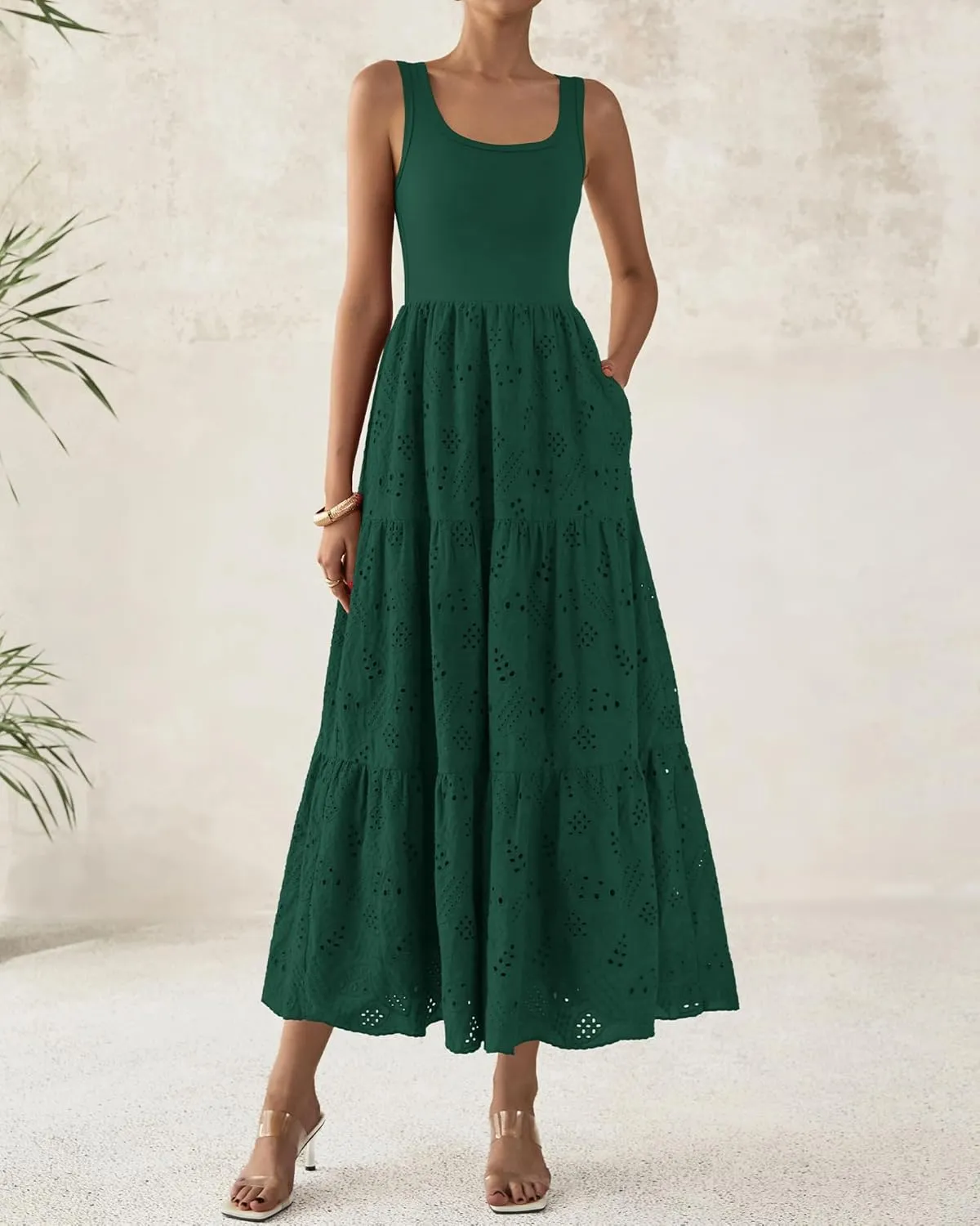 BTFBM Women Summer Eyelet Midi Dresses Casual Spring 2025 Sleeveless A Line Flowy Vacation Beach Wedding Guest Sun Dress