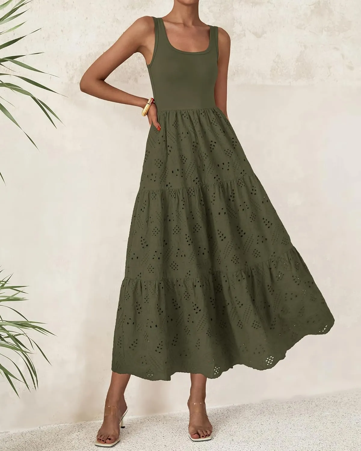 BTFBM Women Summer Eyelet Midi Dresses Casual Spring 2025 Sleeveless A Line Flowy Vacation Beach Wedding Guest Sun Dress