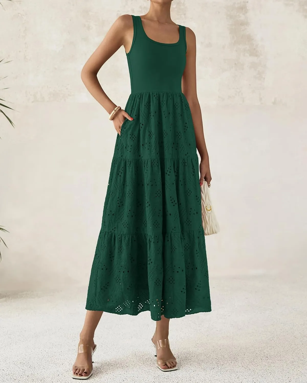BTFBM Women Summer Eyelet Midi Dresses Casual Spring 2025 Sleeveless A Line Flowy Vacation Beach Wedding Guest Sun Dress