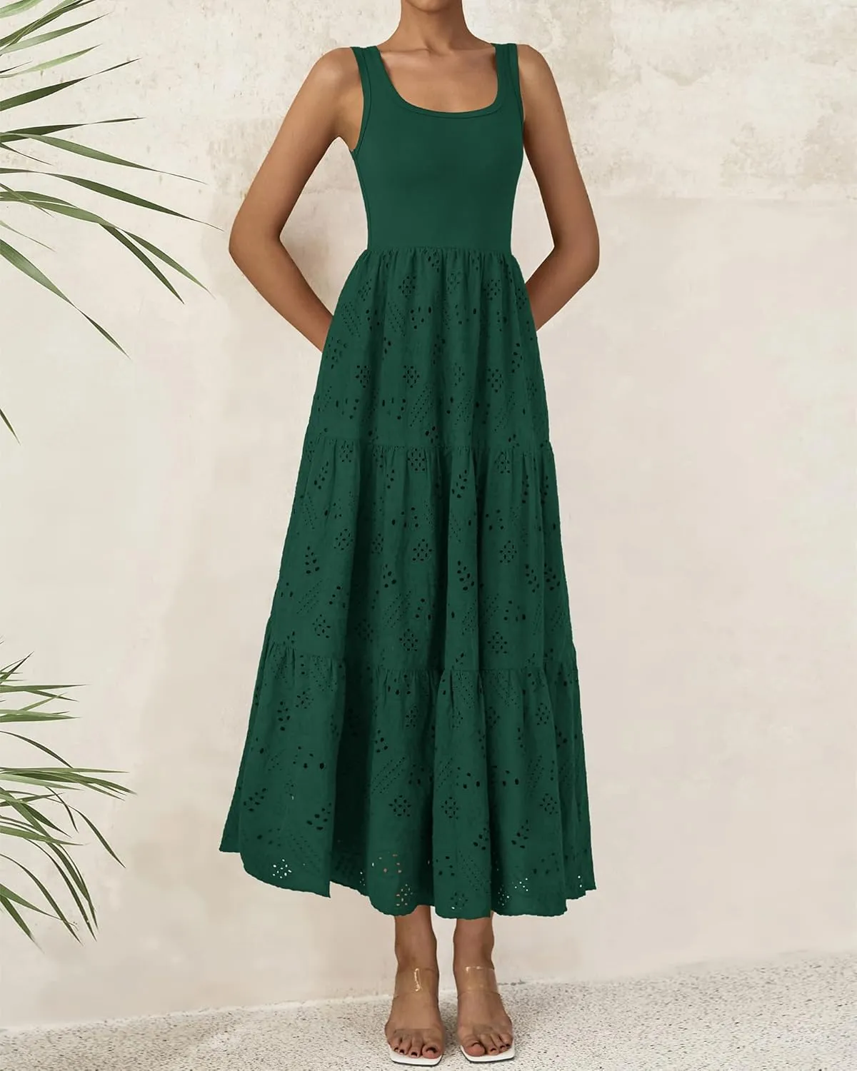 BTFBM Women Summer Eyelet Midi Dresses Casual Spring 2025 Sleeveless A Line Flowy Vacation Beach Wedding Guest Sun Dress