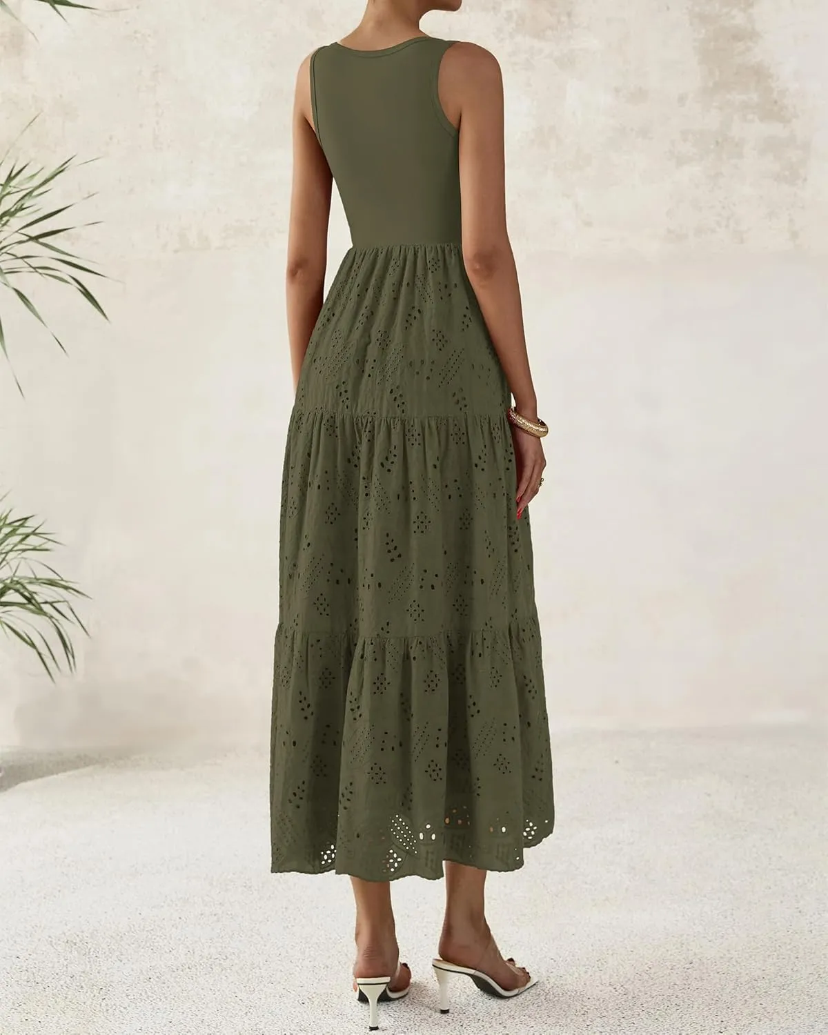 BTFBM Women Summer Eyelet Midi Dresses Casual Spring 2025 Sleeveless A Line Flowy Vacation Beach Wedding Guest Sun Dress