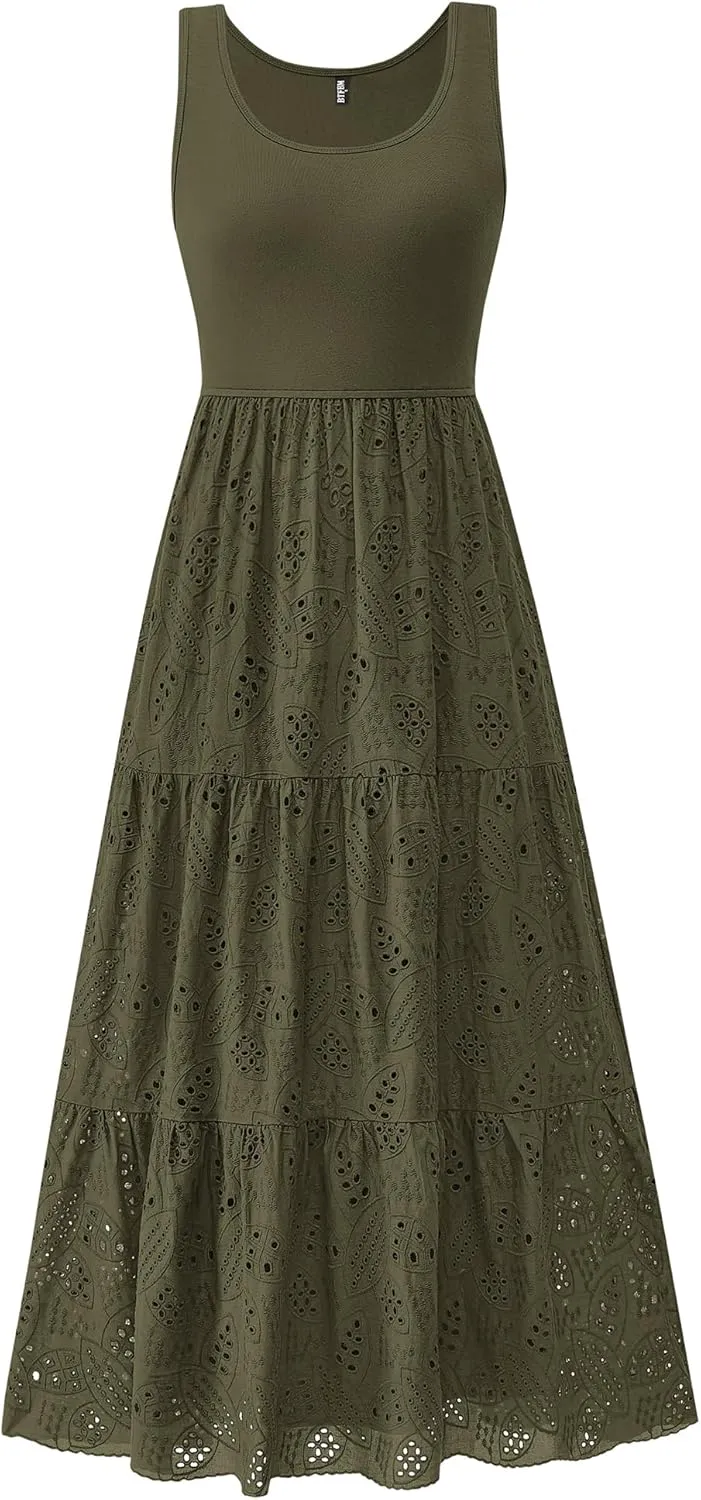 BTFBM Women Summer Eyelet Midi Dresses Casual Spring 2025 Sleeveless A Line Flowy Vacation Beach Wedding Guest Sun Dress