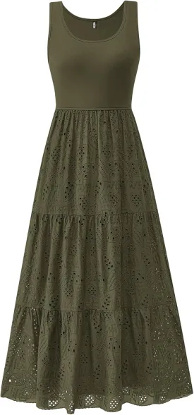 BTFBM Women Summer Eyelet Midi Dresses Casual Spring 2025 Sleeveless A Line Flowy Vacation Beach Wedding Guest Sun Dress