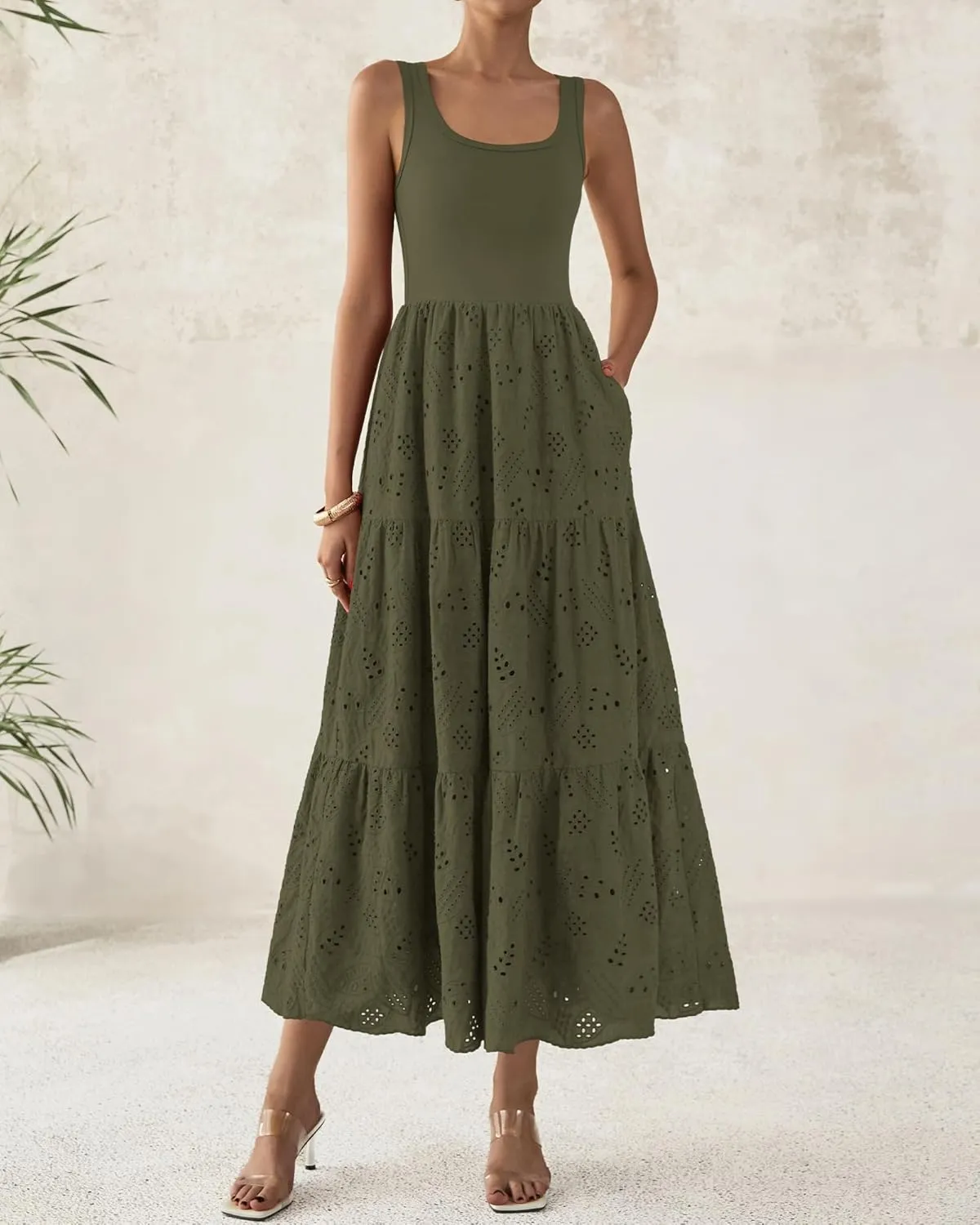 BTFBM Women Summer Eyelet Midi Dresses Casual Spring 2025 Sleeveless A Line Flowy Vacation Beach Wedding Guest Sun Dress