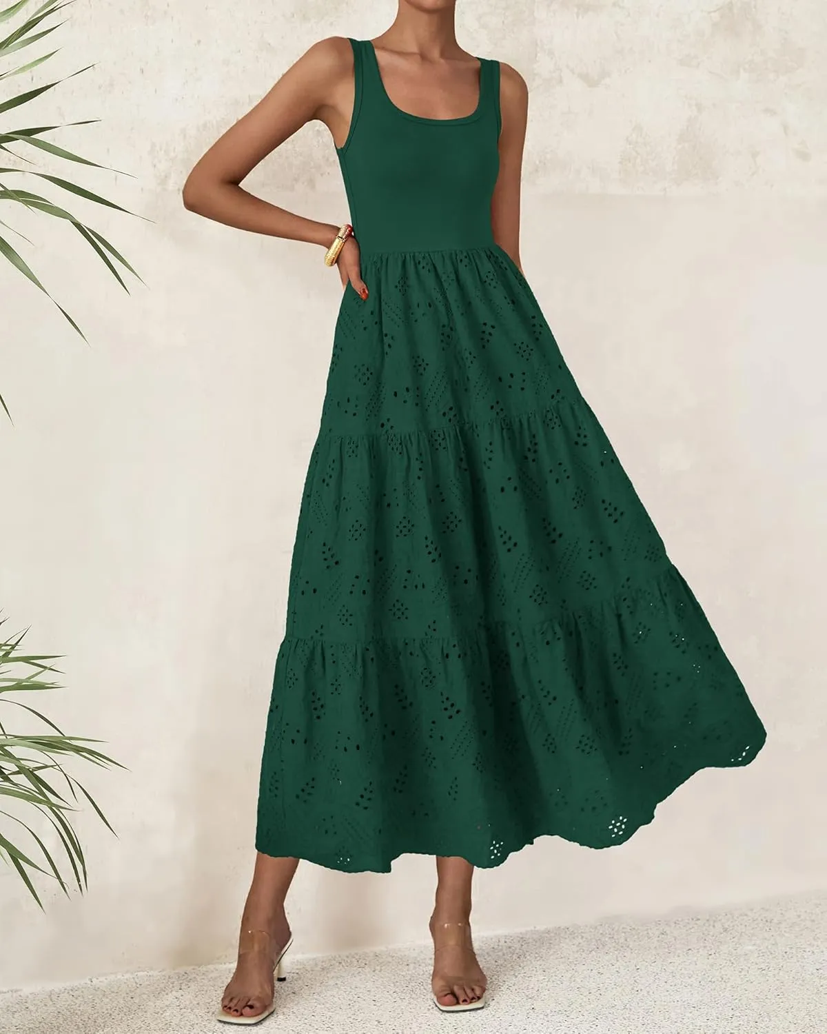 BTFBM Women Summer Eyelet Midi Dresses Casual Spring 2025 Sleeveless A Line Flowy Vacation Beach Wedding Guest Sun Dress