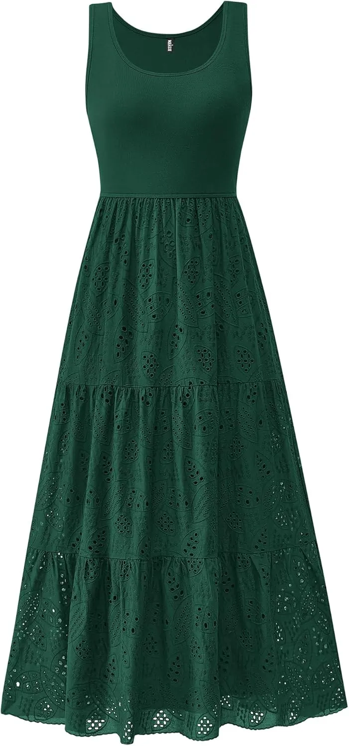 BTFBM Women Summer Eyelet Midi Dresses Casual Spring 2025 Sleeveless A Line Flowy Vacation Beach Wedding Guest Sun Dress
