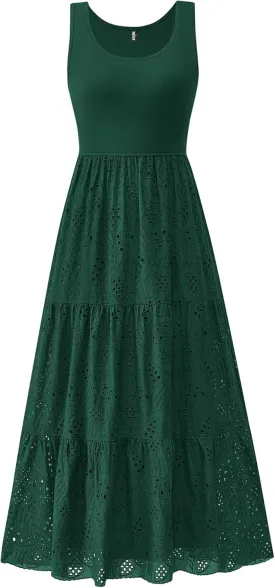 BTFBM Women Summer Eyelet Midi Dresses Casual Spring 2025 Sleeveless A Line Flowy Vacation Beach Wedding Guest Sun Dress