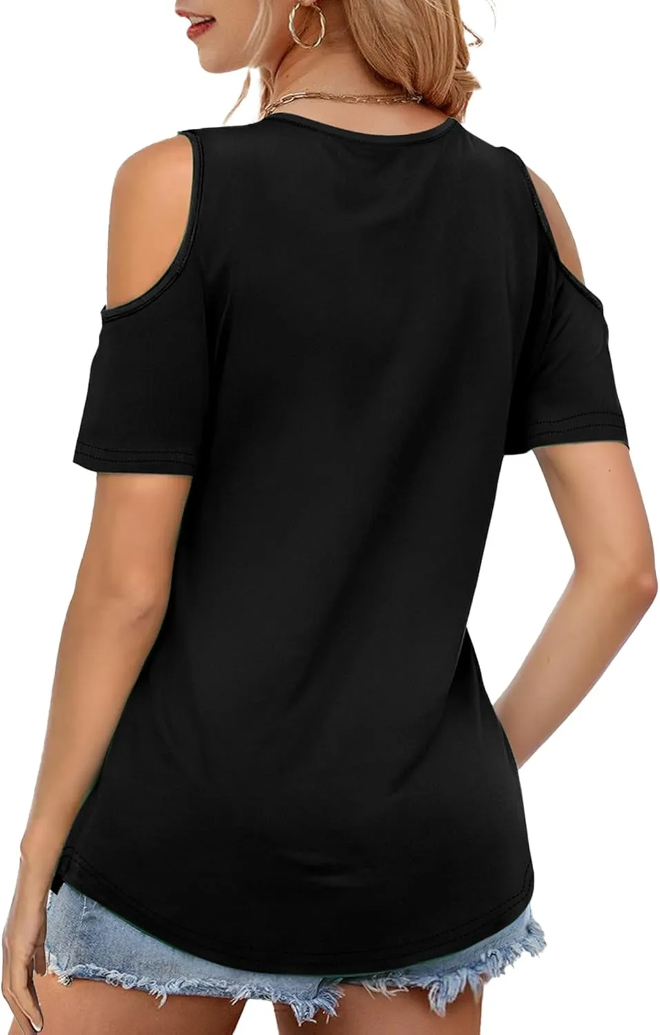 Buauty Womens Summer Trendy Shirts V Neck Criss Cross Cold Shoulder Tops Solid Color Fashion Casual Loose Sexy Blouse