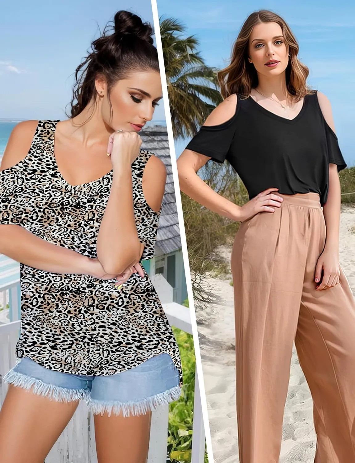 Buauty Womens Summer Trendy Shirts V Neck Criss Cross Cold Shoulder Tops Solid Color Fashion Casual Loose Sexy Blouse