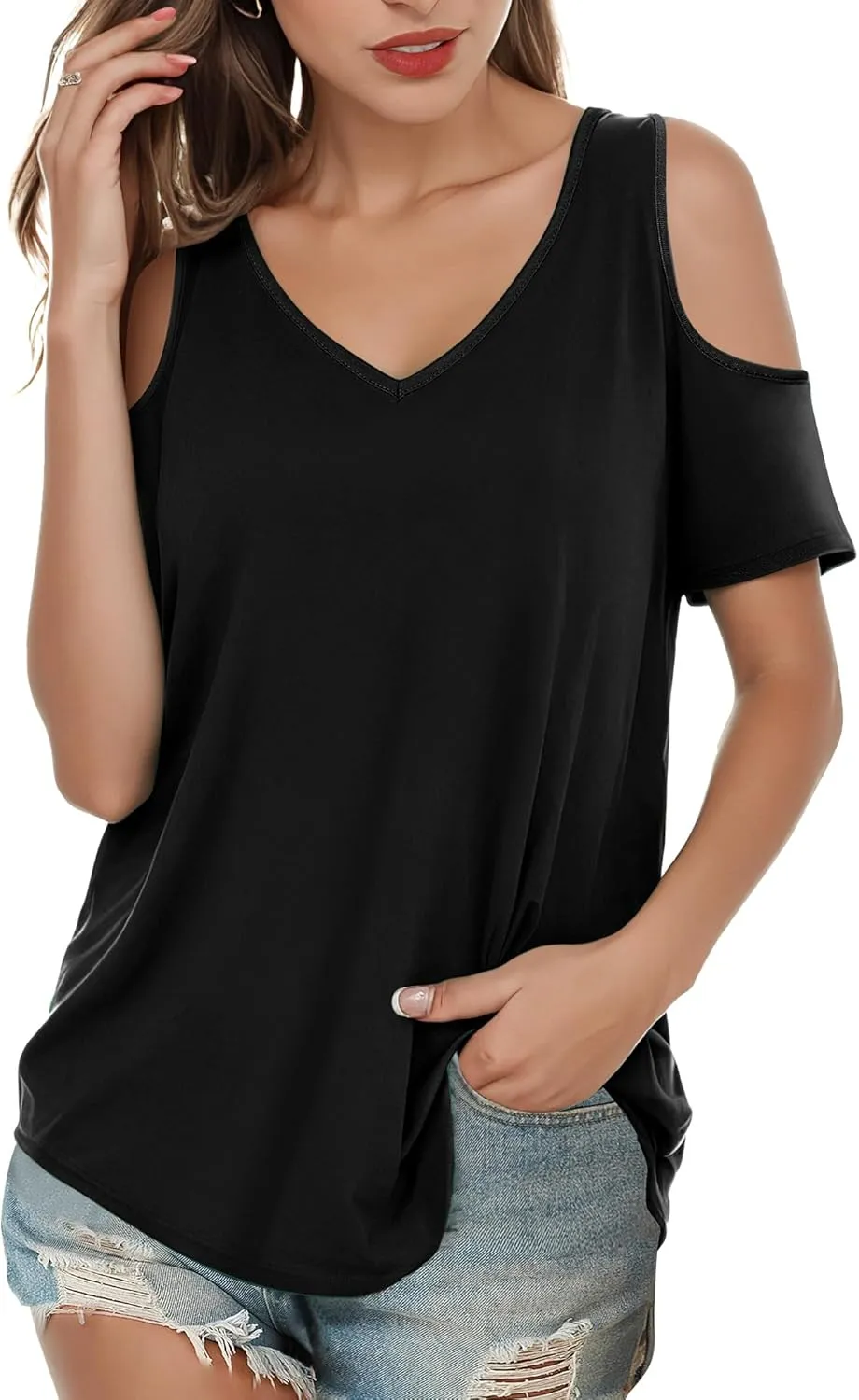 Buauty Womens Summer Trendy Shirts V Neck Criss Cross Cold Shoulder Tops Solid Color Fashion Casual Loose Sexy Blouse