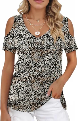 Buauty Womens Summer Trendy Shirts V Neck Criss Cross Cold Shoulder Tops Solid Color Fashion Casual Loose Sexy Blouse
