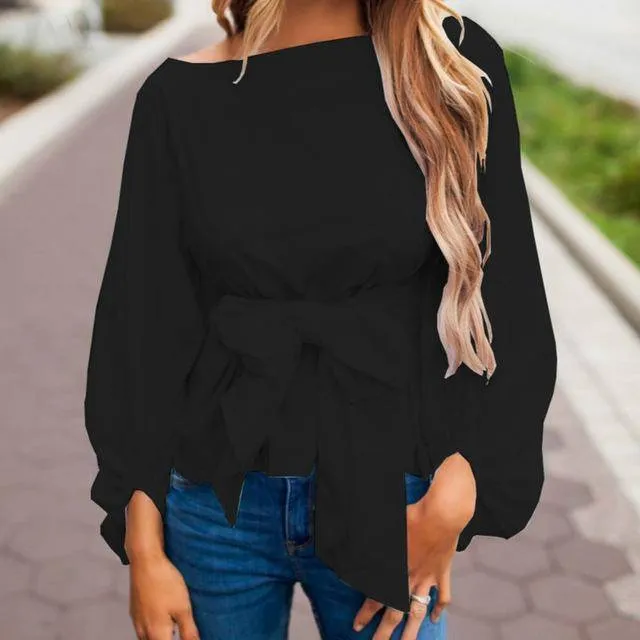 Chiffon Wrap Blouse Women Shirts  Lantern Long Sleeve (US 4-12)