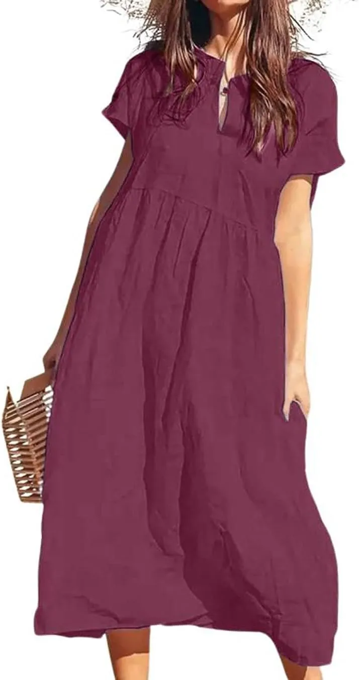 chouyatou Women's Summer Notch V-Neck Midi Long Linen Dress A-Line Loose Casual Tunic Beach Dress