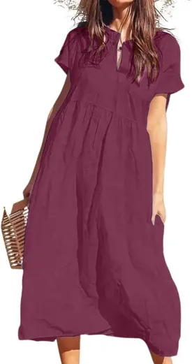 chouyatou Women's Summer Notch V-Neck Midi Long Linen Dress A-Line Loose Casual Tunic Beach Dress