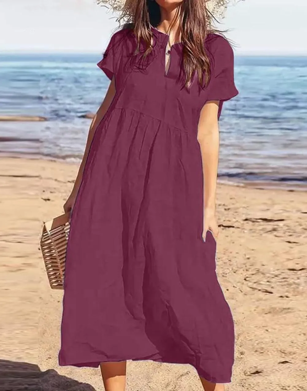 chouyatou Women's Summer Notch V-Neck Midi Long Linen Dress A-Line Loose Casual Tunic Beach Dress
