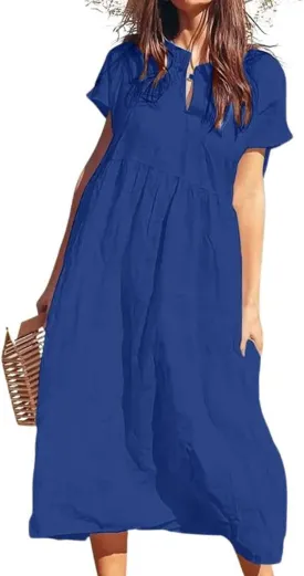 chouyatou Women's Summer Notch V-Neck Midi Long Linen Dress A-Line Loose Casual Tunic Beach Dress