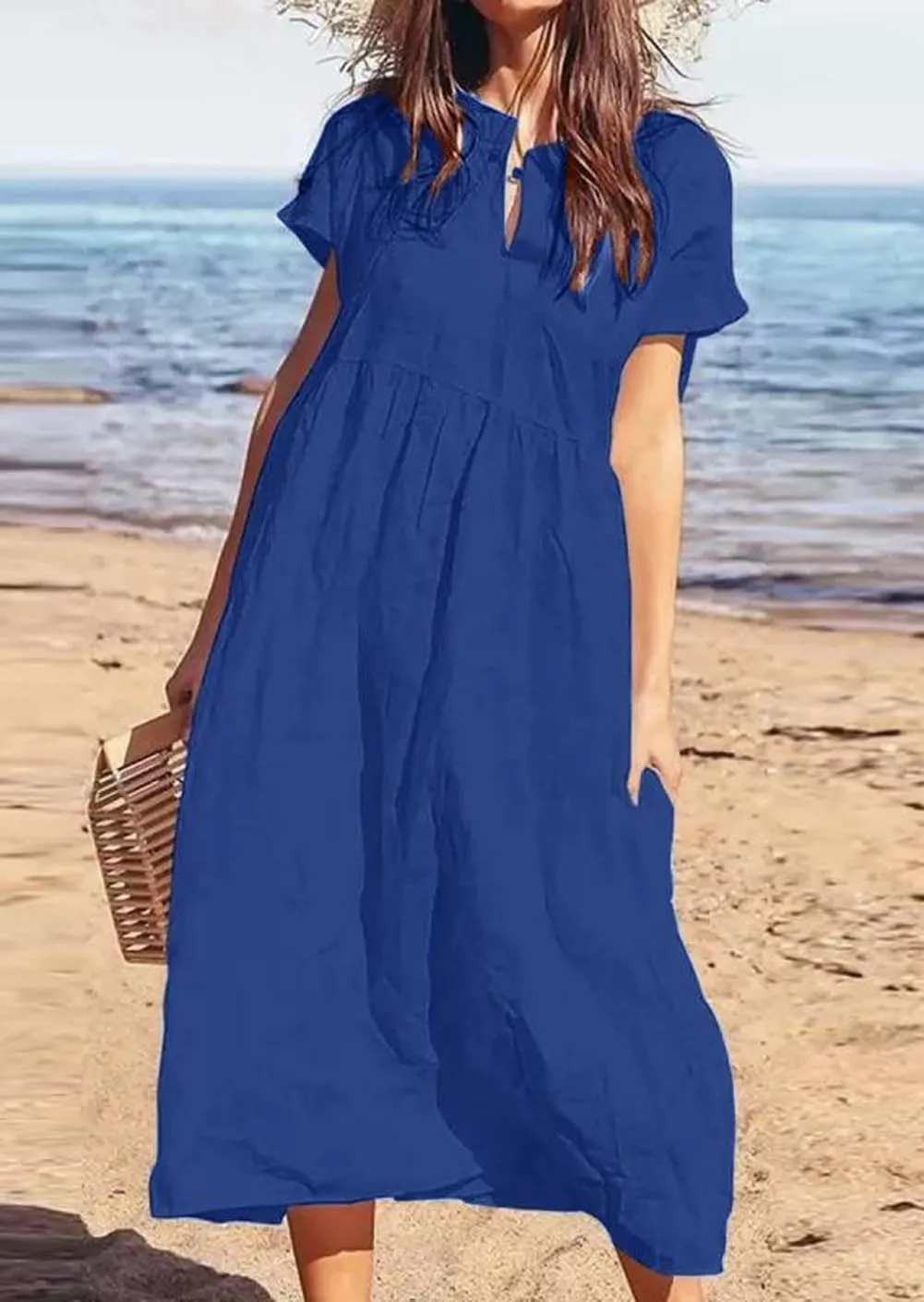chouyatou Women's Summer Notch V-Neck Midi Long Linen Dress A-Line Loose Casual Tunic Beach Dress