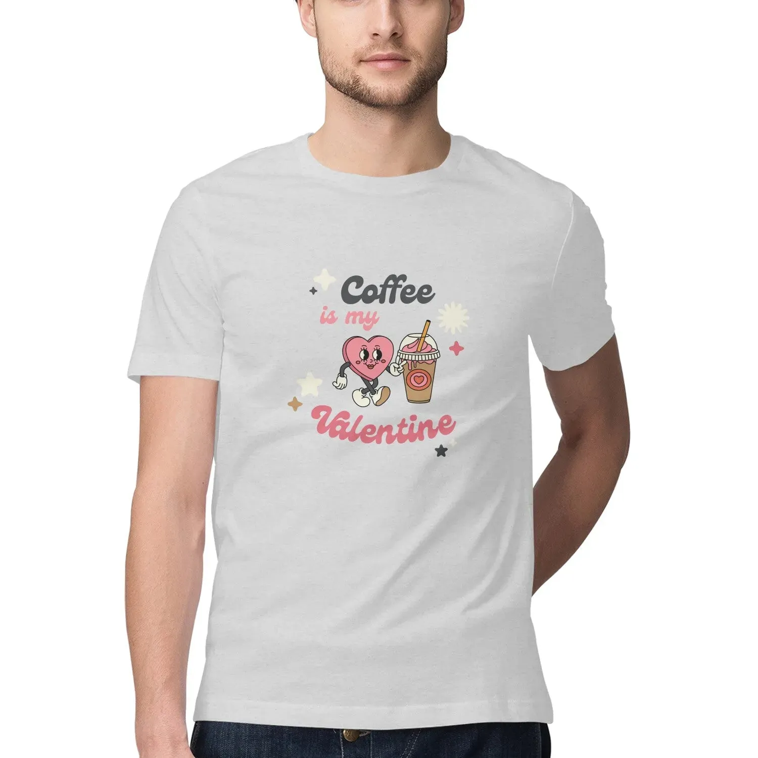 Coffee is My Valentine Typography Print Half Sleeves Cotton T-shirt for Men