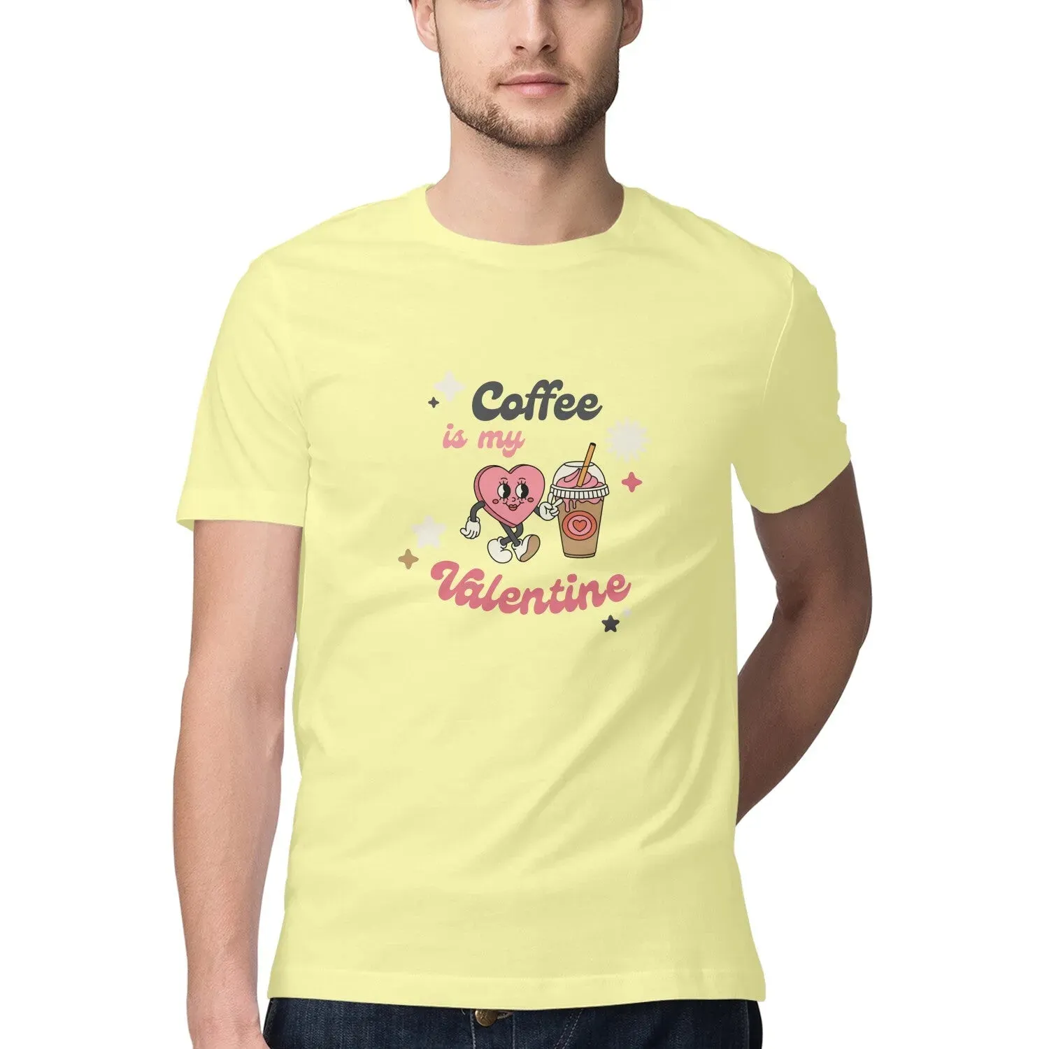 Coffee is My Valentine Typography Print Half Sleeves Cotton T-shirt for Men