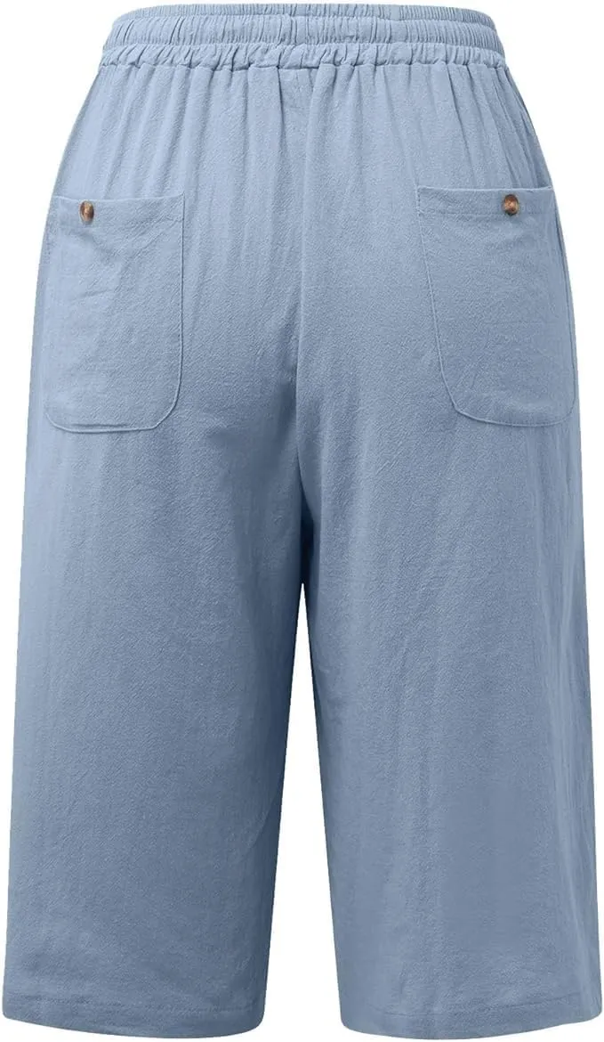 Cotton Linen Shorts for Women Casual Loose Bermuda Shorts Summer Solid Color Elastic Waist Drawstring Beach Pants