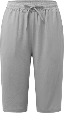 Cotton Linen Shorts for Women Casual Loose Bermuda Shorts Summer Solid Color Elastic Waist Drawstring Beach Pants