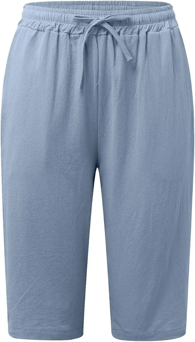 Cotton Linen Shorts for Women Casual Loose Bermuda Shorts Summer Solid Color Elastic Waist Drawstring Beach Pants