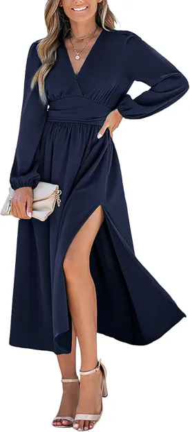 CUPSHE Fall Dresses for Women V Neck Long Sleeve Tunic Waist Slit Solid Color A Line Midi Casual Dress