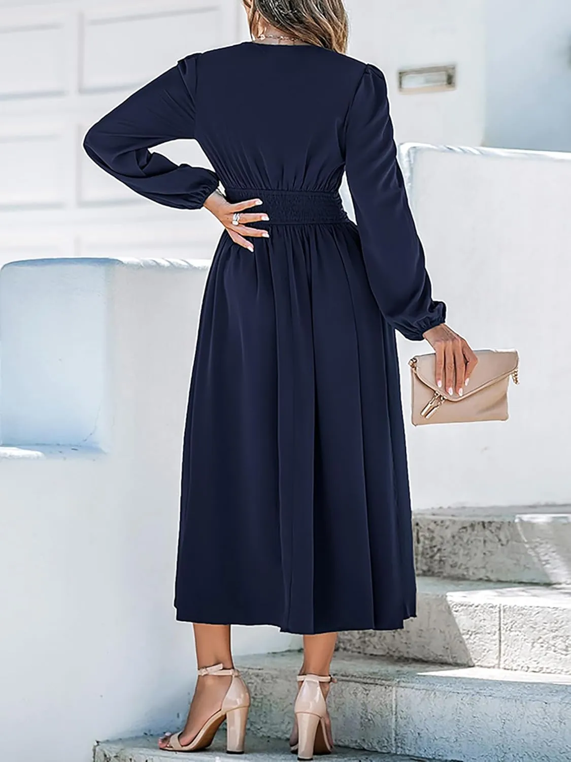 CUPSHE Fall Dresses for Women V Neck Long Sleeve Tunic Waist Slit Solid Color A Line Midi Casual Dress