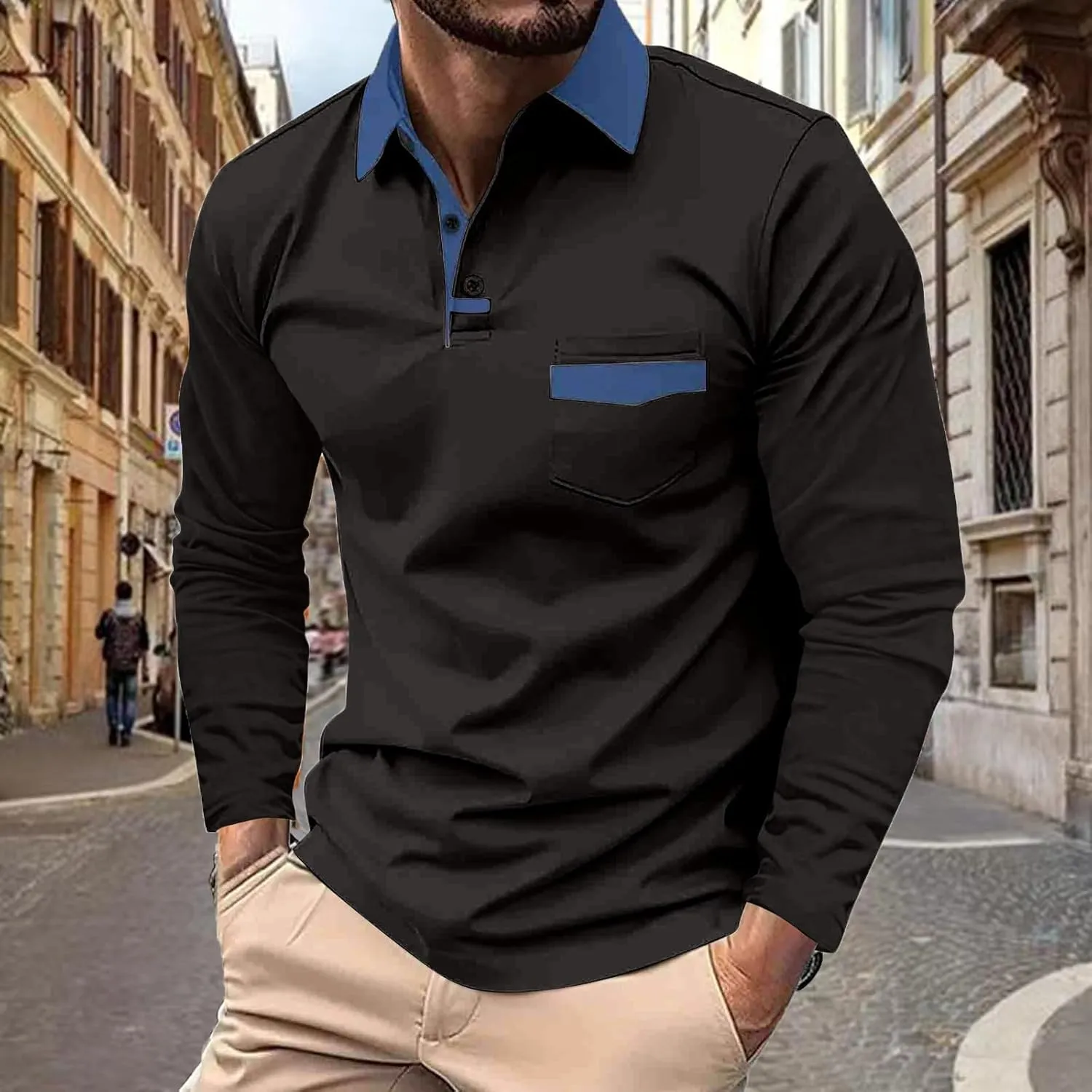 DEEX Men's Polo Shirts Long Sleeve Casual Fashion Polo Tee Shirts Color Block Slim Fit Golf Polo Shirt with Pocket